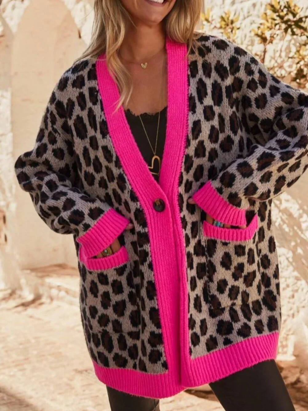 Multicolor Women's Leopard Print Contrast Binding V-Neck Button Cardigan